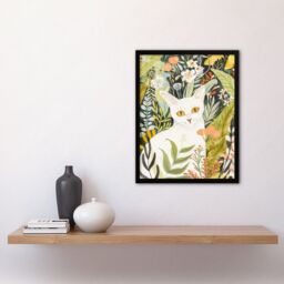 "Artery8 White Cat Lover Pet in Summer Flower Garden Framed Art Print - Size: W12"" x H16""" - thumbnail 4