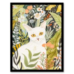 "Artery8 White Cat Lover Pet in Summer Flower Garden Framed Art Print - Size: W12"" x H16""" - thumbnail 1