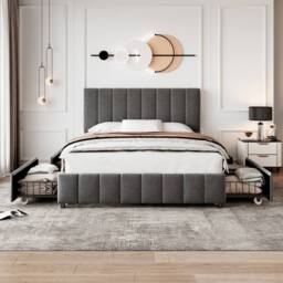 Matteo Double Velvet Upholstered Bed Frame - 4 Drawers, Adjustable Headboard in Grey