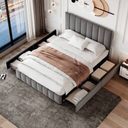 Matteo Double Velvet Upholstered Bed Frame - 4 Drawers, Adjustable Headboard in Grey - thumbnail 3