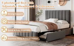 Matteo Double Velvet Upholstered Bed Frame - 4 Drawers, Adjustable Headboard in Grey - thumbnail 8