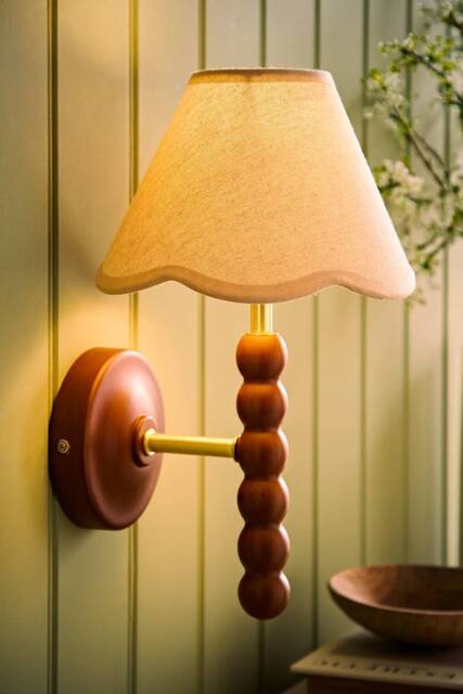 ValueLights Bobbins Walnut Bobble Wall Light & Linen Trim Lamp Shade & Bulb in Natural - image 1