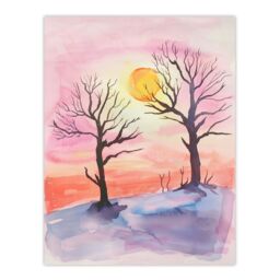 "Artery8 Sun Rising Over Two Winter Trees Snow Landscape Wall Art Print in Pink - Size: W12"" x H16""" - thumbnail 1