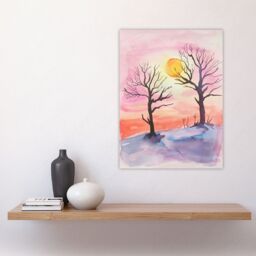 "Artery8 Sun Rising Over Two Winter Trees Snow Landscape Wall Art Print in Pink - Size: W12"" x H16""" - thumbnail 4