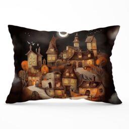 Warren Reed - Designer Spooky Halloween Village Cushions in Orange - Size: 45 cm x 45 cm - thumbnail 1