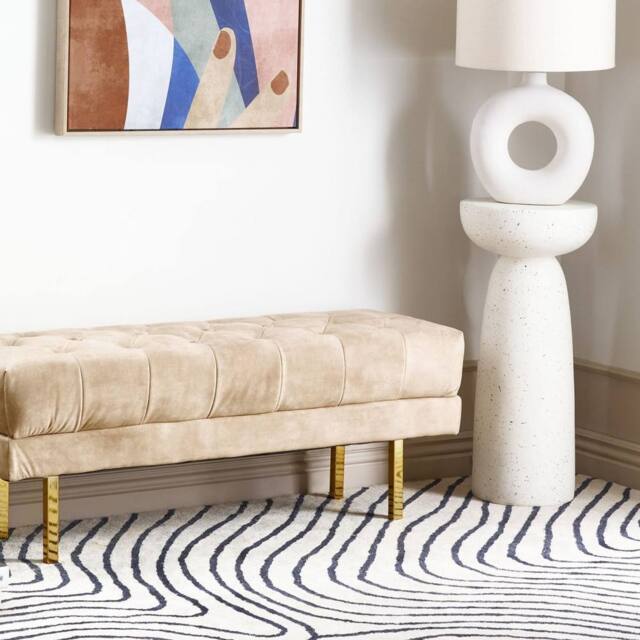 Wyld and Coco Beige Tufted Velvet Bed Bench - Gold Legs - image 1