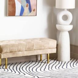 Wyld and Coco Beige Tufted Velvet Bed Bench - Gold Legs - thumbnail 1
