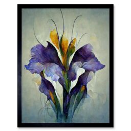 "Artery8 Wall Art Print Iris Bouquet Modern Watercolour Art Framed in Black - Size: W12"" x H16""" - thumbnail 1