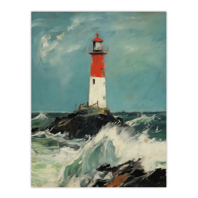 Artery8 Solitary Lighthouse Against A Stormy Sea Modern Oil Painting Ocean Colours With Red Extra Large XL Unframed Wall Art Poster Print - image 1