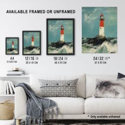 Artery8 Solitary Lighthouse Against A Stormy Sea Modern Oil Painting Ocean Colours With Red Extra Large XL Unframed Wall Art Poster Print - thumbnail 3