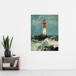 Artery8 Solitary Lighthouse Against A Stormy Sea Modern Oil Painting Ocean Colours With Red Extra Large XL Unframed Wall Art Poster Print - thumbnail 4