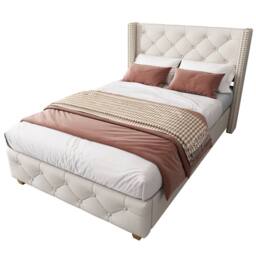 ModernLuxe Upholstered single bed with headboard & wooden legs in Beige - thumbnail 9