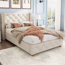 ModernLuxe Upholstered single bed with headboard & wooden legs in Beige