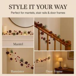 Marco Paul 7ft Luxury Pre-Lit Christmas Garland with Pine Cones & Berries - thumbnail 7