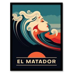 Artery8 Wall Art Print The Seaside Calls El Matador Beach California USA Sunset Woman of the Waves Sea Siren Ocean Art Framed in Blue - Size: A4 - thumbnail 1