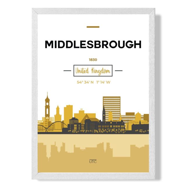 ARTZE Middlesbrough Yellow & Black City Skyline Framed Print SIZE: A3 with White Frame - Size: A4 - image 1