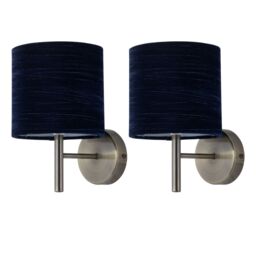 First Choice Lighting Set of 2 Brea - Antique Brass Wall Lights with Navy Blue Velvet Shades in Gold
