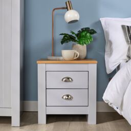 Home Source Bedside 2 Drawer Bedroom Oak Top Metal Handle Wood Nightstand in Grey - thumbnail 2