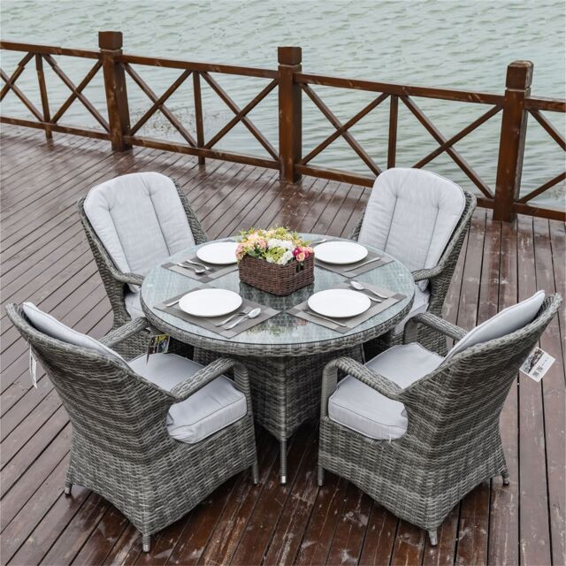 Direct Wicker 4-Seater Aluminum Round Garden Dining Table Set, UV-Resistant PE Wicker, D120*H72cm, Brown in Grey - Size: 4 Person - image 1