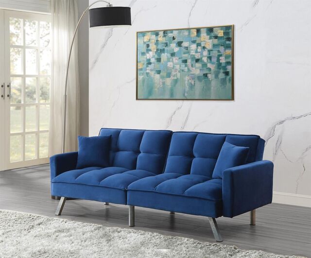 KOSY KOALA Sofa Bed 2 Seater Blue Velvet Click Clack Sofa Settee Recliner Couch with Metal Legs 2 Pillows - image 1