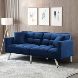 KOSY KOALA Sofa Bed 2 Seater Blue Velvet Click Clack Sofa Settee Recliner Couch with Metal Legs 2 Pillows - thumbnail 8