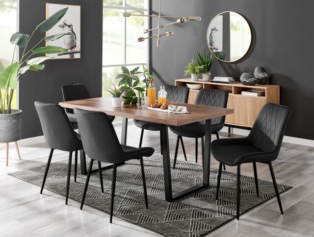 FurnitureboxUK Kylo Large Brown Wood Effect Dining Table & 6 Pesaro Velvet Black Leg Chairs - image 1