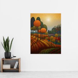 "Artery8 Wall Art Print Autumn Fields Pointillism Painting Amber Orange Green Countryside Landscape Poster - Size: W12"" x H16""" - thumbnail 2