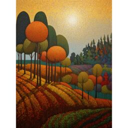 "Artery8 Wall Art Print Autumn Fields Pointillism Painting Amber Orange Green Countryside Landscape Poster - Size: W12"" x H16""" - thumbnail 1