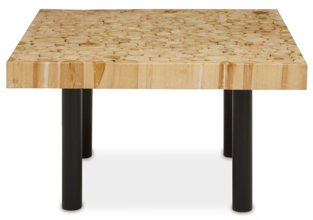 Orsina Rectangular Teak‑Plug Coffee Table, Solid Teakwood Plug Top on Sleek Black Iron Frame in Natural - image 1