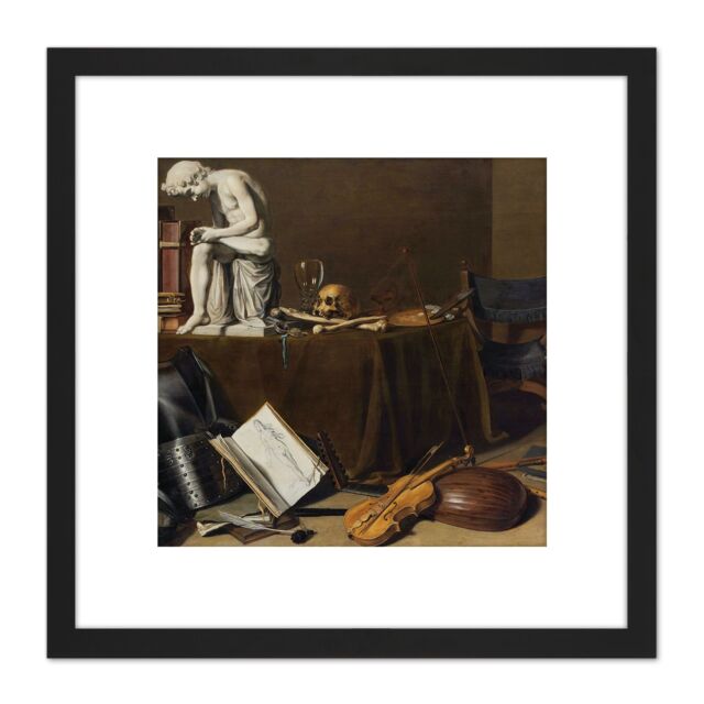 Artery8 Pieter Claesz Vanitas Still Life With The Spinario 8X8 Inch Square Wooden Framed Wall Art Print Picture with Mount in Black - image 1