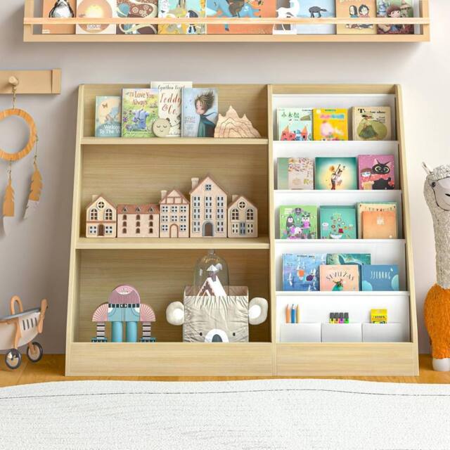 Huhote Kids Bookshelf Storage Bookcase Toy Organizer Toddler Book Shelves in Light Oak - image 1
