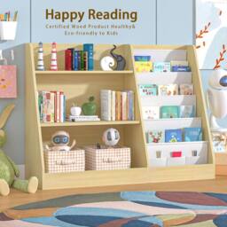 Huhote Kids Bookshelf Storage Bookcase Toy Organizer Toddler Book Shelves in Light Oak - thumbnail 6