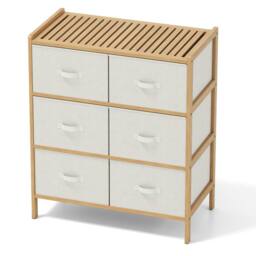 Gymax 6-Drawer Dresser Bamboo Vertical Chest of Drawers With Top Shelf in Light Beige