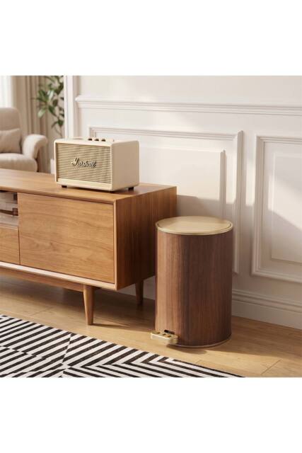 Living and Home Round Wood Effect Pedal Bin with Dual Open Lid in Brown - Size: Medium - image 1