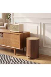 Living and Home Round Wood Effect Pedal Bin with Dual Open Lid in Brown - Size: Medium