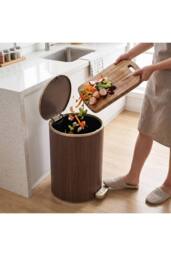 Living and Home Round Wood Effect Pedal Bin with Dual Open Lid in Brown - Size: Medium - thumbnail 4