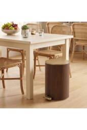 Living and Home Round Wood Effect Pedal Bin with Dual Open Lid in Brown - Size: Medium - thumbnail 2
