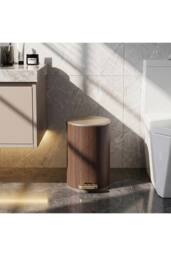 Living and Home Round Wood Effect Pedal Bin with Dual Open Lid in Brown - Size: Medium - thumbnail 6