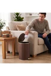 Living and Home Round Wood Effect Pedal Bin with Dual Open Lid in Brown - Size: Medium - thumbnail 5