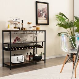 Costway Wine Rack Table Industrial Bar Cabinet w/ Wine Rack & 4 Rows of Glass Holders in Brown - thumbnail 3