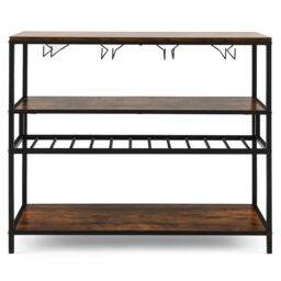 Costway Wine Rack Table Industrial Bar Cabinet w/ Wine Rack & 4 Rows of Glass Holders in Brown - thumbnail 6