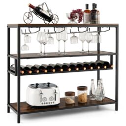 Costway Wine Rack Table Industrial Bar Cabinet w/ Wine Rack & 4 Rows of Glass Holders in Brown - thumbnail 1