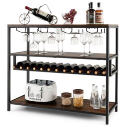 Costway Wine Rack Table Industrial Bar Cabinet w/ Wine Rack & 4 Rows of Glass Holders in Brown - thumbnail 5