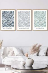 ARTZE Set of 3 Oak Framed Blue Green Grey William Morris Vintage Willow Floral Wall Art in Mid Blue - Size: W45 cm x H62 cm x D20mm