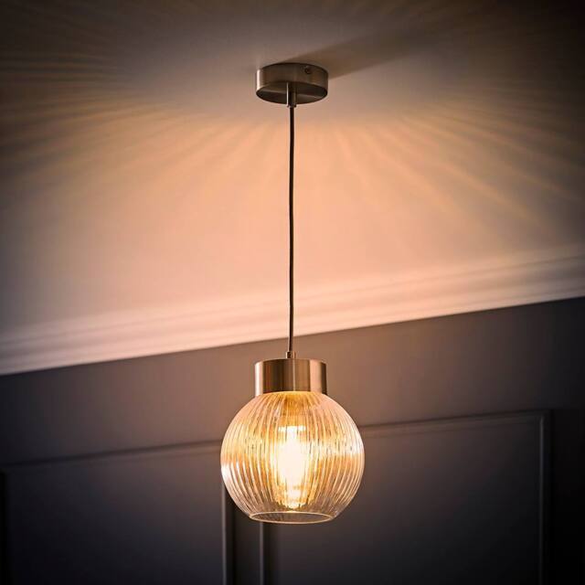 ValueLights Maddison Ribbed Glass Shade Metallic Cap Ceiling Pendant Light & Bulb in Silver - image 1