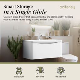 Balterley Bathroom Wall Hung 1 Drawer Vanity & Polymarble Basin, White, 800mm in White - thumbnail 2