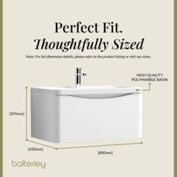 Balterley Bathroom Wall Hung 1 Drawer Vanity & Polymarble Basin, White, 800mm in White - thumbnail 5