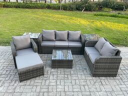 Fimous Rattan Garden Furniture 7 Piece Patio Set With Table Sofa Square Coffee Table Reclining Chair Love seat sofa 2 Side Tables in Dark Grey - thumbnail 1