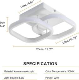 Goeco LED Ceiling Light 22 W Square 3000 K for Bedroom Living Room Kitchen in White - thumbnail 6