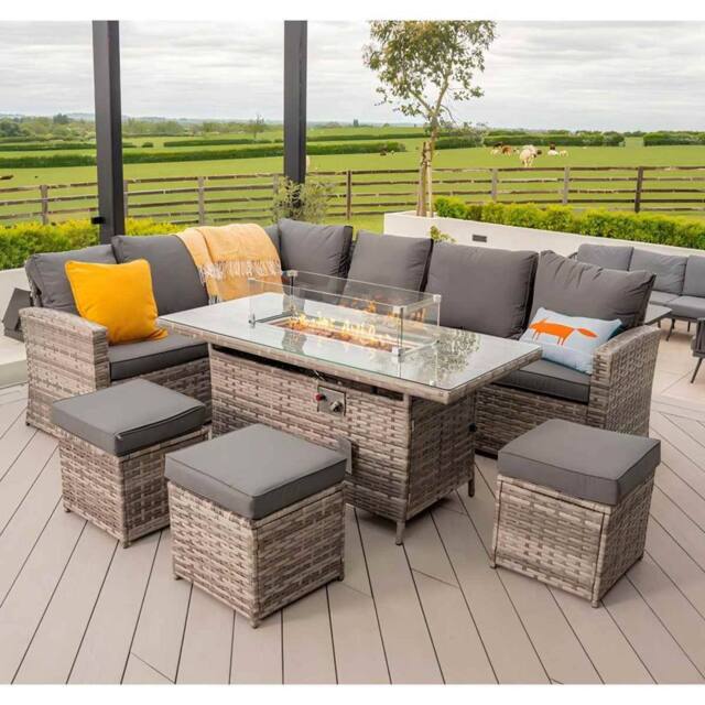 Furniture Maxi Rosen 9 Seater Fire Pit Rattan Garden Furniture Corner Dining Sofa Set in Grey - image 1